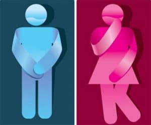male and female bathroom stall icons with urge incontinence