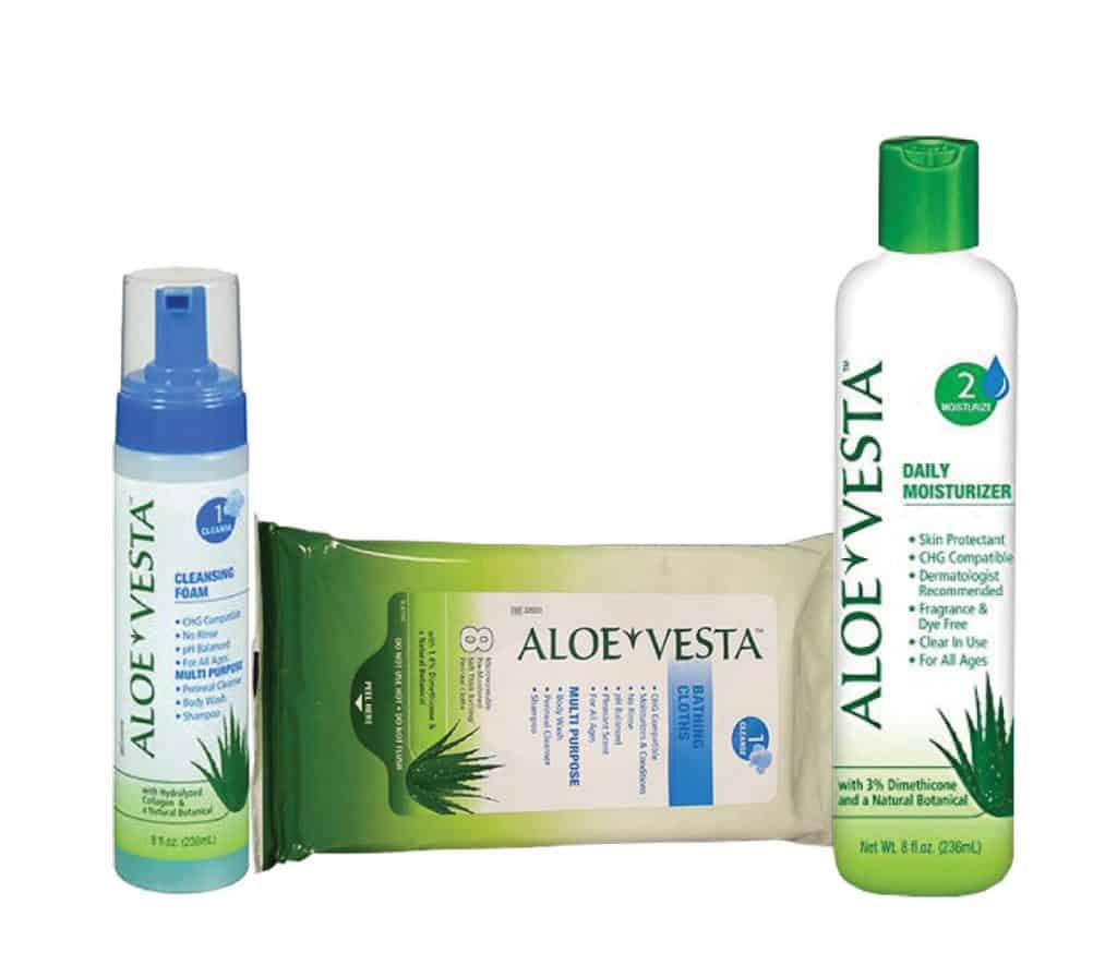 Aloe Vesta cleansing foam, wipes, and moisturizer