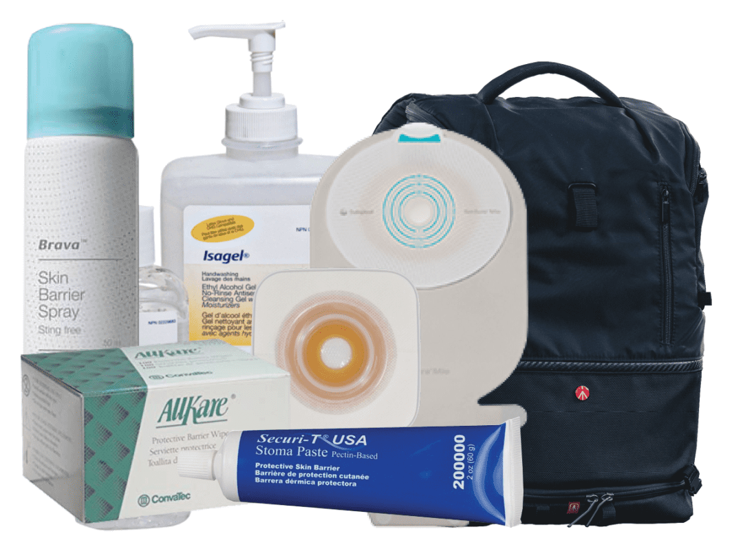 various products recommended to keep as an ostomy emergency kit