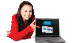 woman smiling and pointing to computer screen showing personally delivered incontinence products