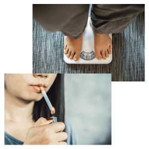 man on a scale and woman lighting a cigarette