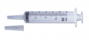 Syringe with cap off that is used to inflate a Foley catheter with saline