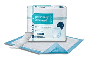 Small image of a bed pad, personal pad, and a bag of Personally Delivered Daytime Protective Underwear