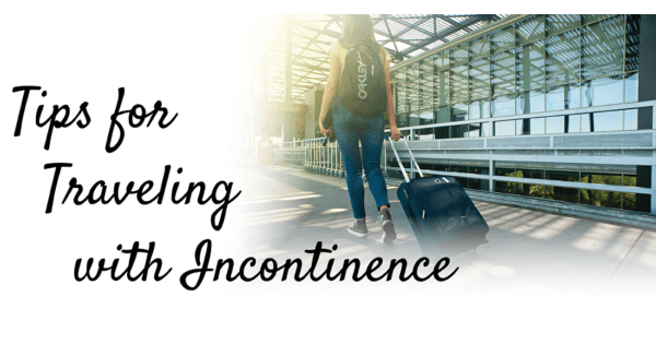 tips for traveling with incontinence showing woman with a backpack on rolling her luggage through airport