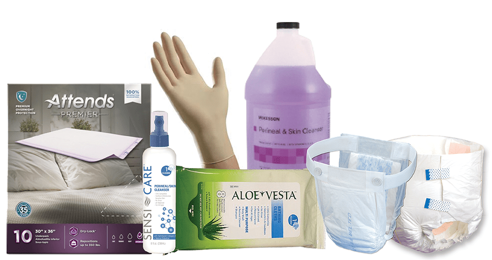 A collage of incontinence products Personally Delivered offers that caregivers tend to use with their patients