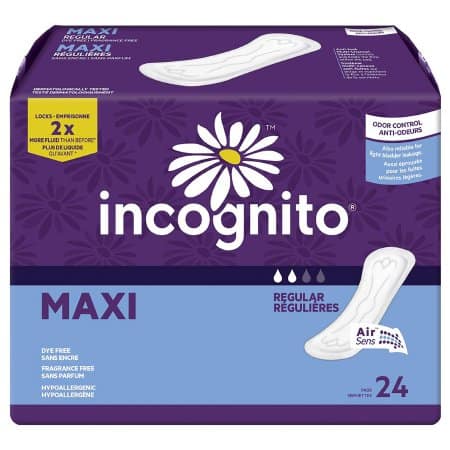 First Quality Incognito Maxi Feminine Pad that may help manage nocturnal enuresis and adult bedwetting