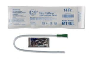 Cure Male Pocket Catheter with included lubricant packet shown in size 14 French and 16 inches long