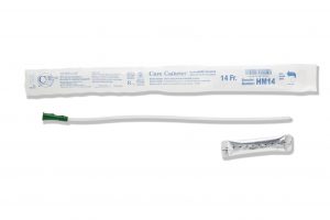 Cure Hydrophilic Male length catheter shown in size 14 French