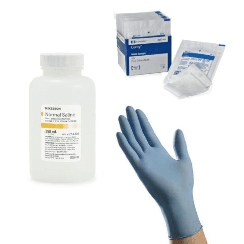 assortment of wound care supplies like gloves, gauze pads, and saline solution