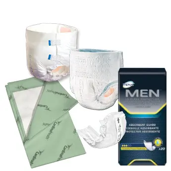 incontinence briefs, protective underwear, a bed pad, and TENA pads for men to help when managing incontinence in the summer