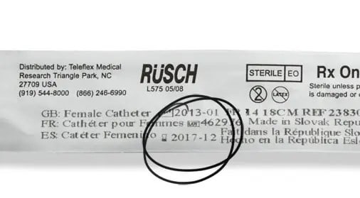 Rusch catheter showing expiration date circled