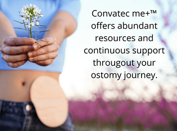 Woman holding a flower with an ostomy pouch using Convatec me+ for resources and support.