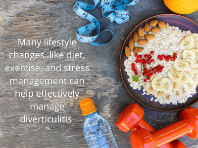 a bowl of oatmeal, hand weights, water, and a measuring tape to show things that can help manage diverticulitis symptoms