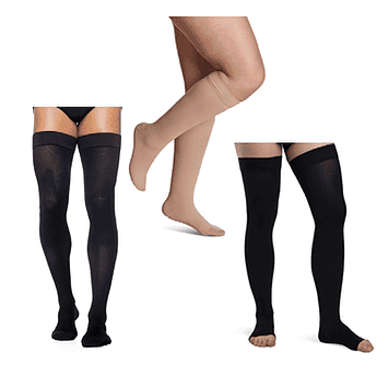 black and beige styles of compression stockings on men and women's legs