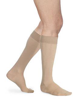 Beige knee high closed toe compression stockings